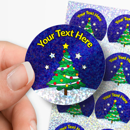 Personalisable Christmas tree stickers with customizable text on a blue background.