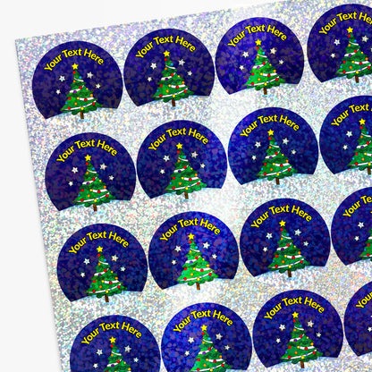 Sticker sheet with Christmas tree designs and customisable text on a blue and white patterned background.
