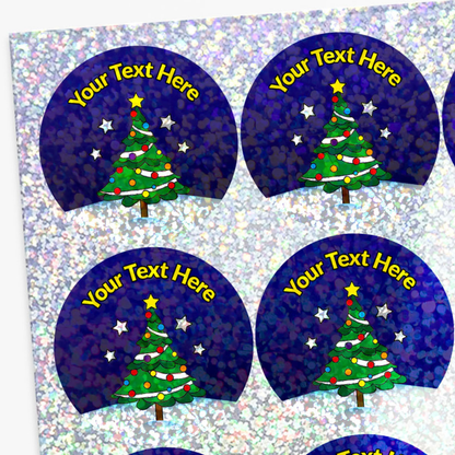 Sticker design with Christmas tree and customizable text on a blue background