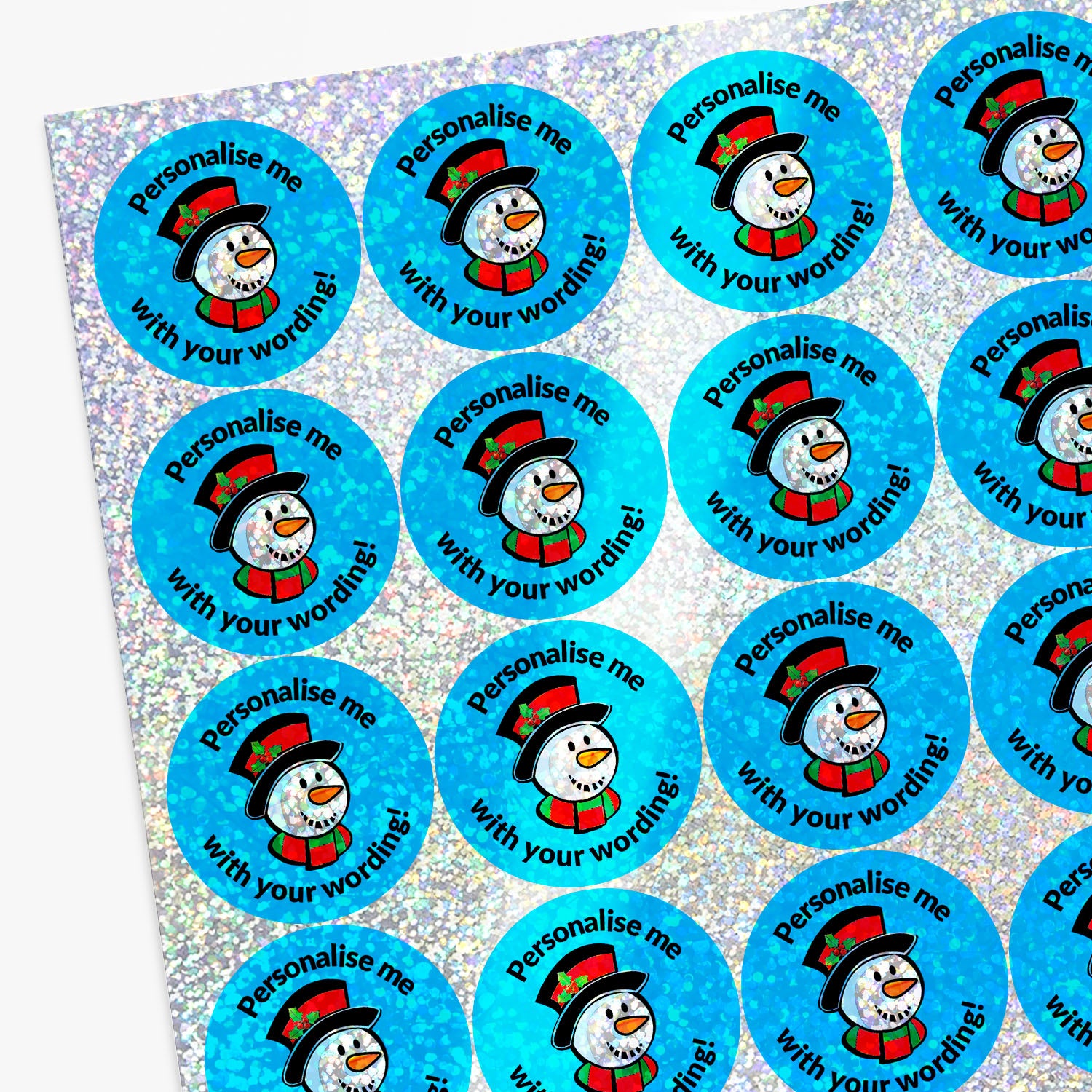 Sheet of snow man sparkly stickers with personalised text.
