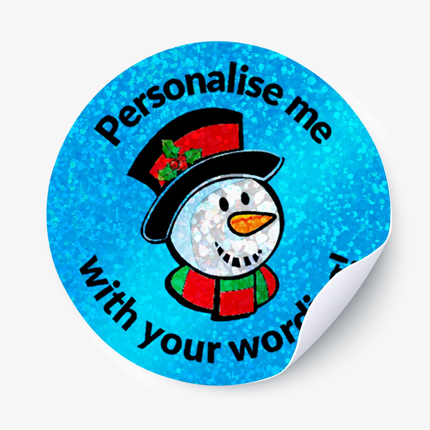 Round sticker with a snowman design and text on a blue background