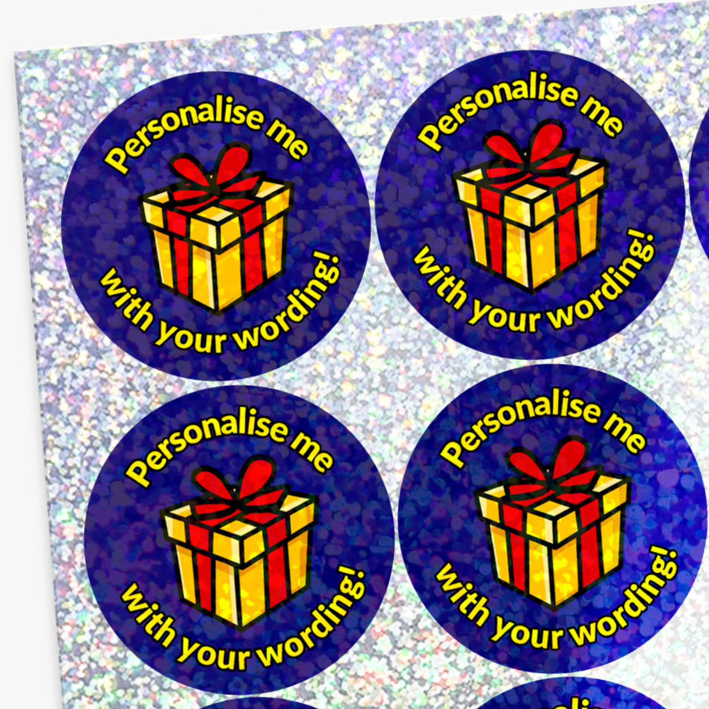 Round stickers with a gift box design and text 'Personalise me with your wording!' on a blue background.