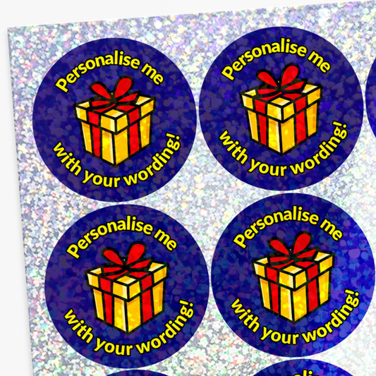 Round stickers with a gift box design and text 'Personalise me with your wording!' on a blue background.