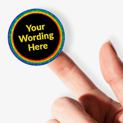 personalised holographic round sticker with rainbow border and customizable text held by a finger