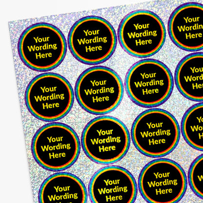 Round personalised holographic stickers with rainbow borders and 'Your Word Here' text.