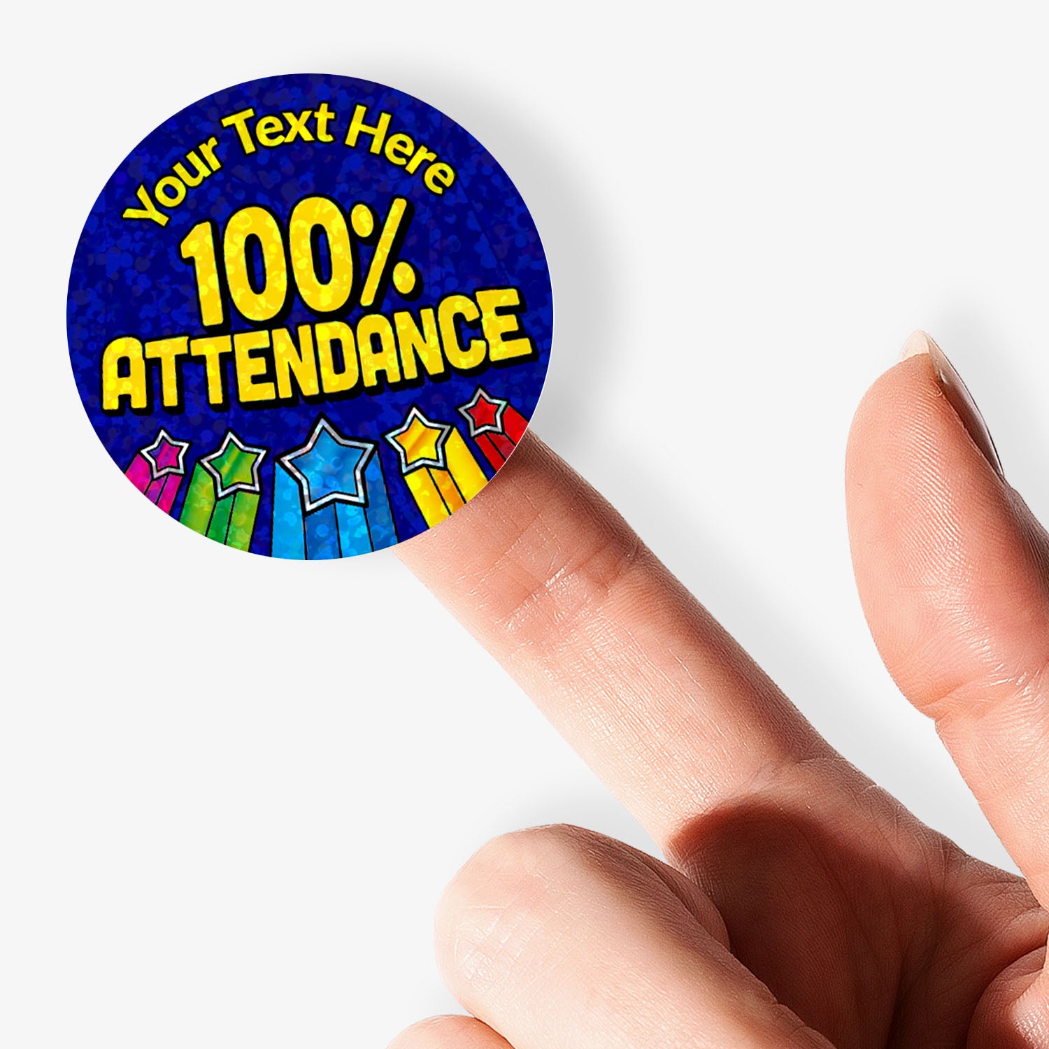 Personalised holographic colorful '100% Attendance' sticker held by a finger.