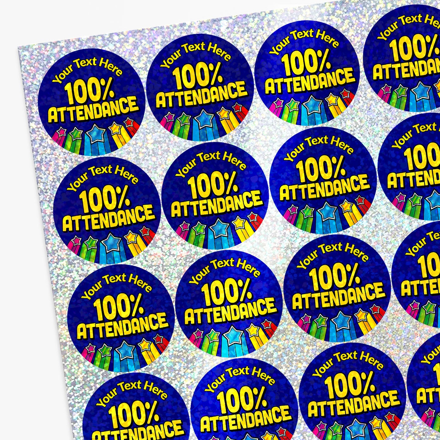 Sheet of personalised holographic '100% Attendance' stickers with customisable text.
