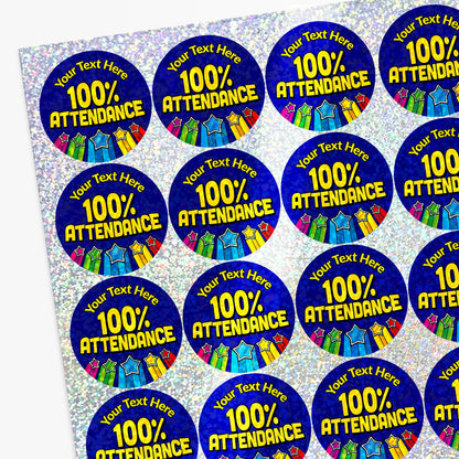 Sheet of personalised holographic '100% Attendance' stickers with customisable text.