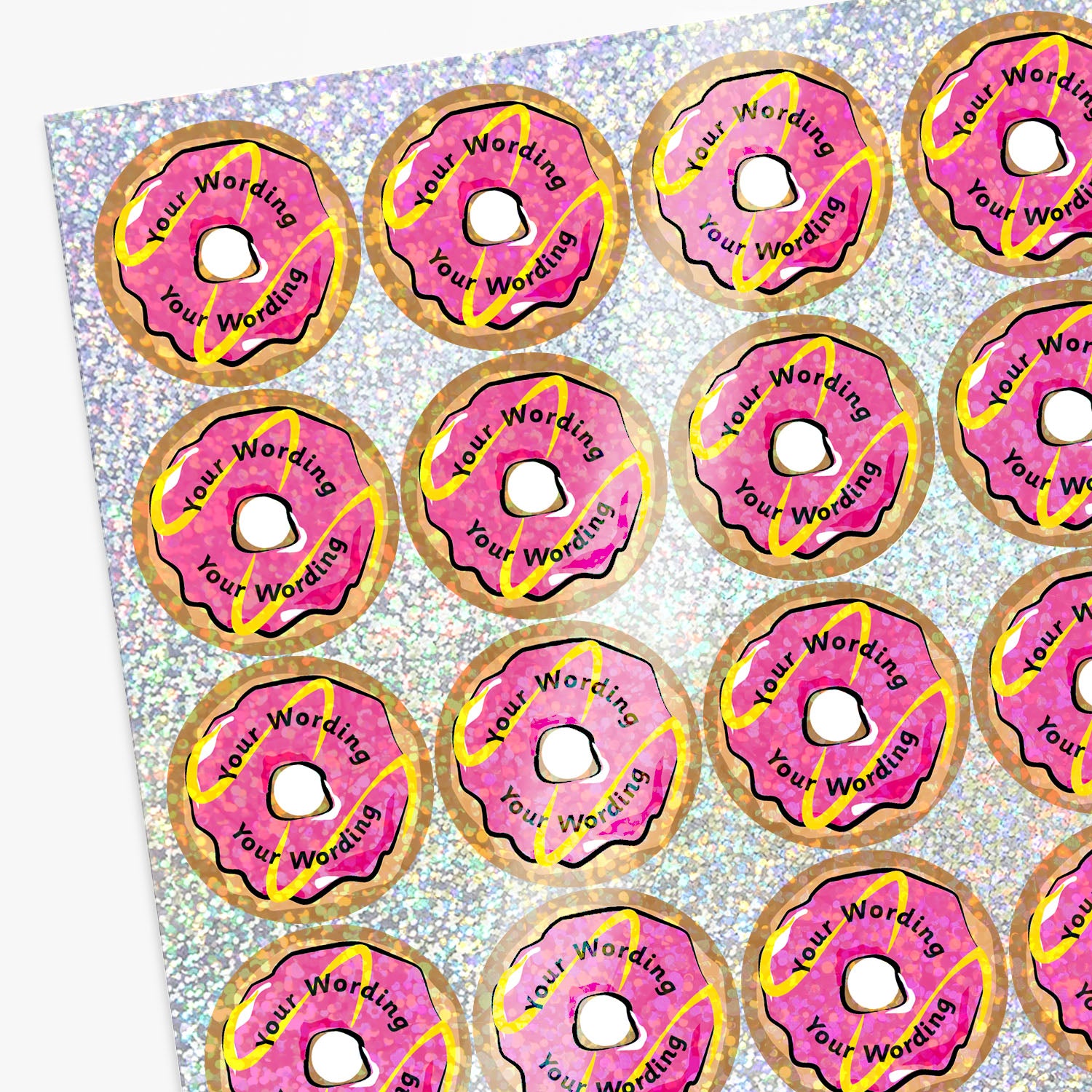 Sheet of pink donut-shaped stickers with 'Your Wordings' text on a glittery background.