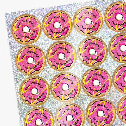 Sheet of pink donut-shaped stickers with 'Your Wordings' text on a glittery background.