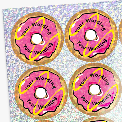 Pink donut-shaped stickers with 'Your Wording' text on a glittery background