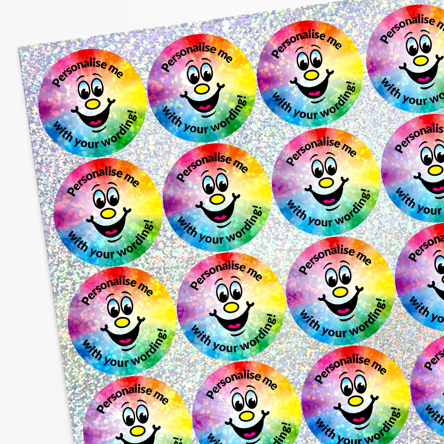 Colorful stickers with smiling faces and text 'Personalise me with your wording!' on a glittery background.