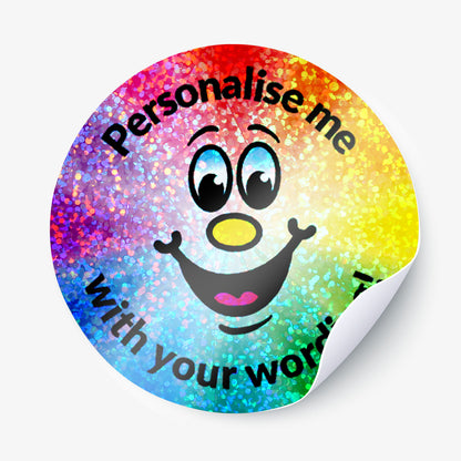 Round sticker with a smiley face and text 'Personalise me with your words' on a colorful gradient background