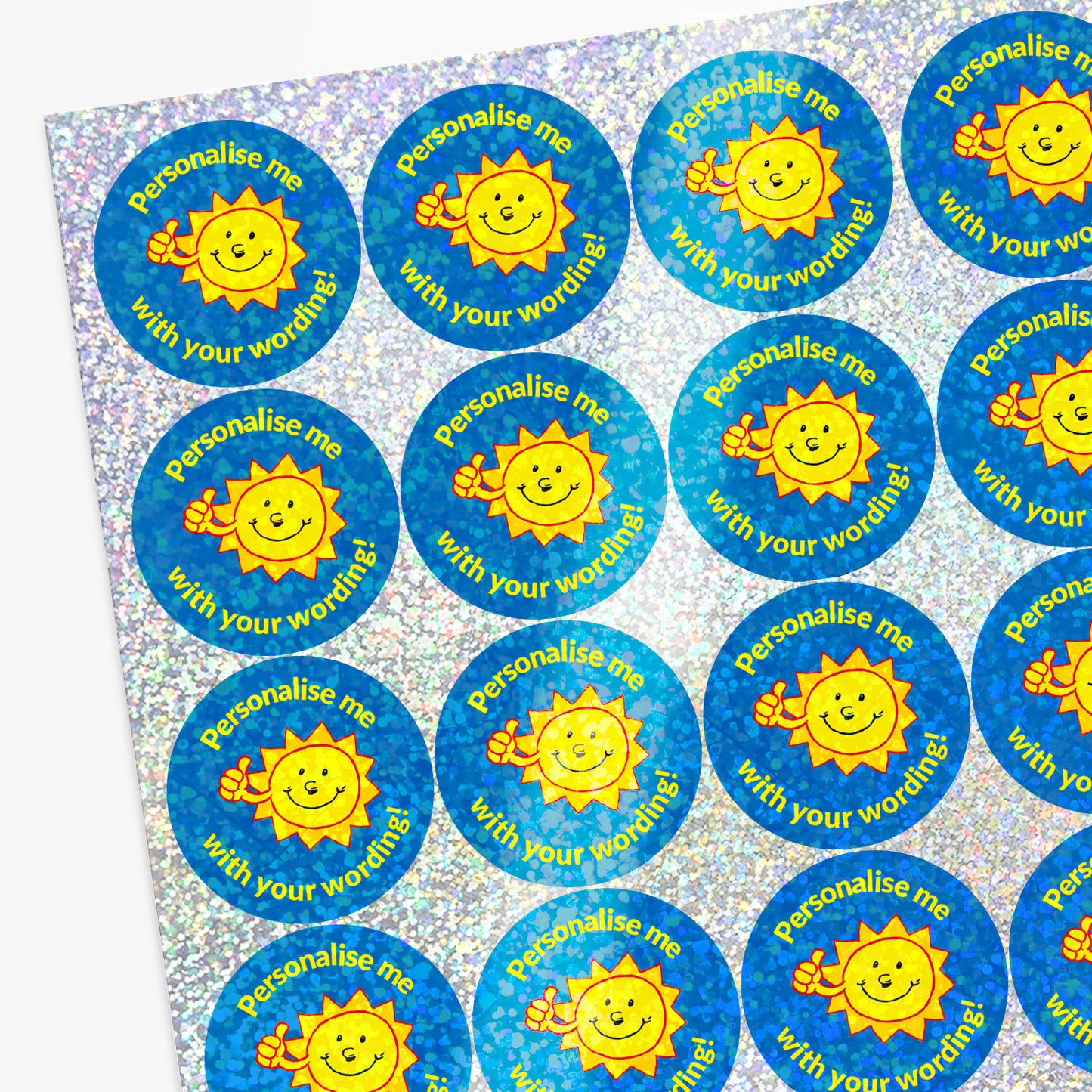 Sheet of personalised stickers with sun design and text on a textured background