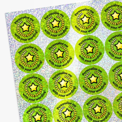Sheet of green stickers with star design and text 'Personalise me with your wording' on a textured background.
