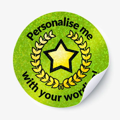 Green sticker with star and text 'Personalise me with your words' on a white background