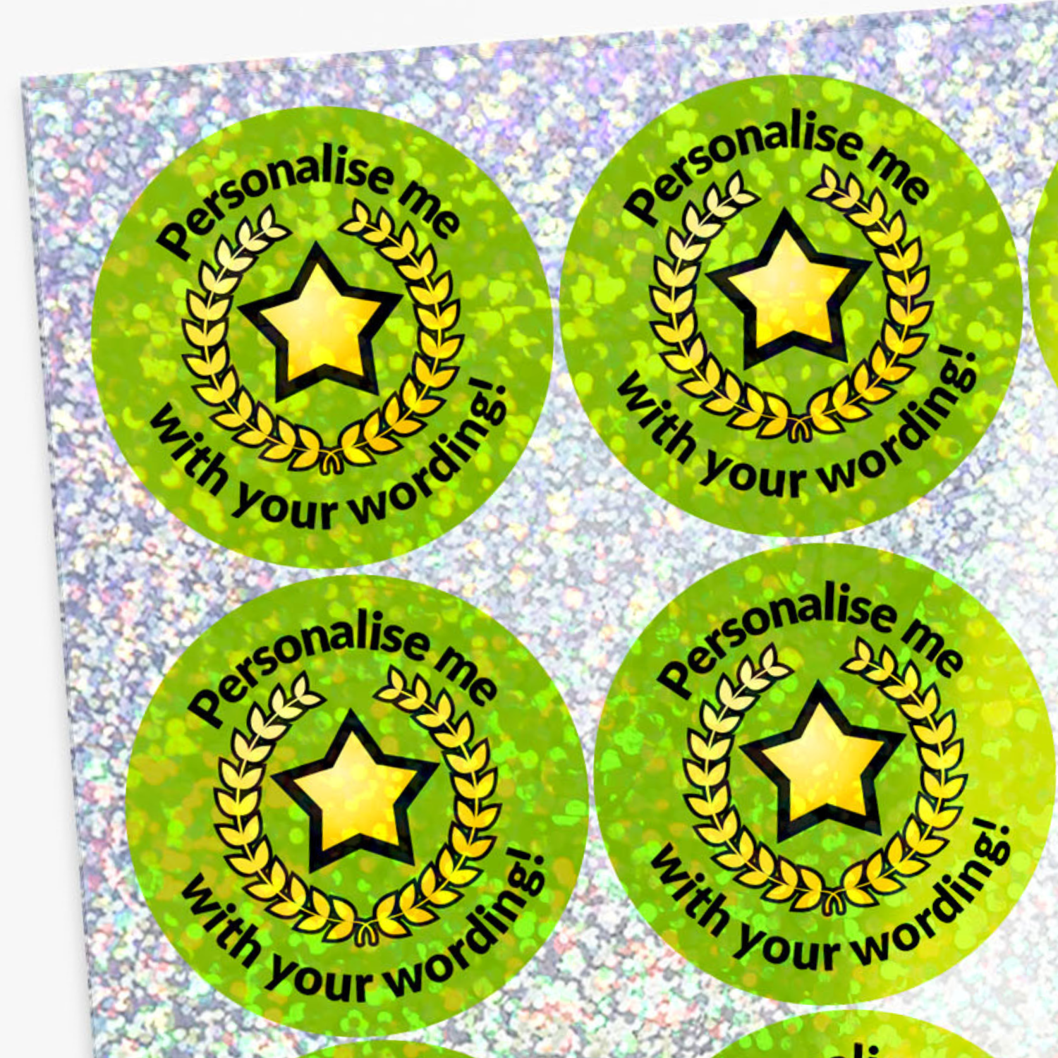 Four green stickers with gold stars and text on a glittery background