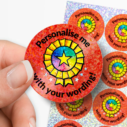 Round customizable sticker with colorful design and text held by a hand