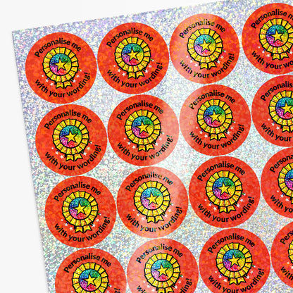 Sheet of round stickers with colorful designs and text on a textured background