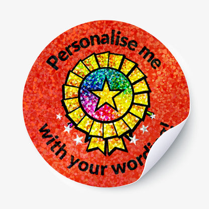 Round sticker with colorful star design and text 'Personalise me with your words' on a red background