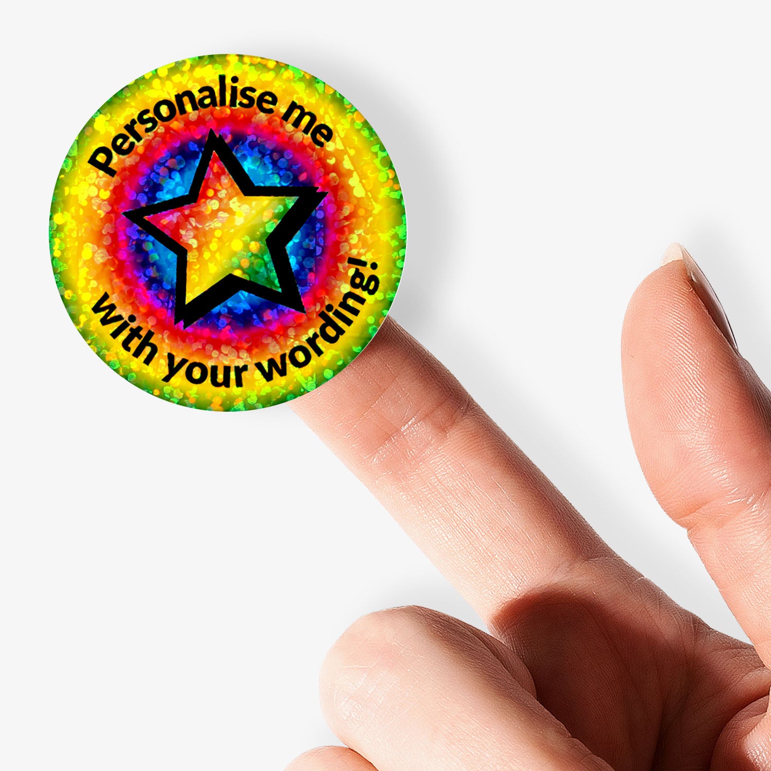 Colorful multicolour sticker with a star and text 'Personalise me with your wording!' held by a finger.