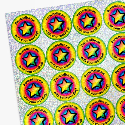 Sheet of clourful star stickers with text 'Personalise me with your wording!'.