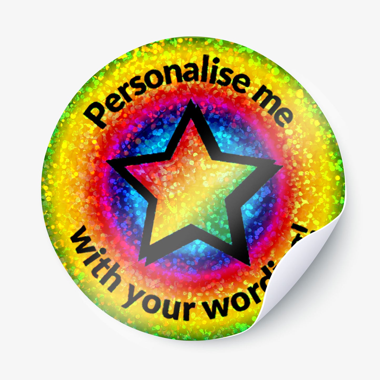 Round sticker with a colorful multicolour design and a black star, with text 'Personalise me with your words' on a white background.