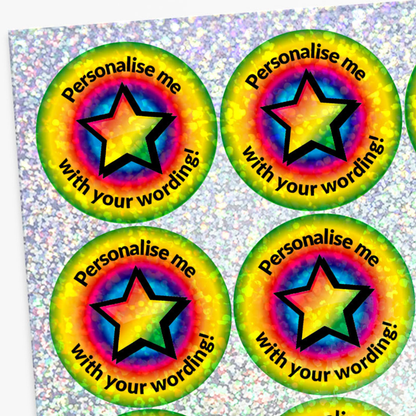 Colorful star-shaped stickers with text 'Personalise me with your wording!' on a glittery background.