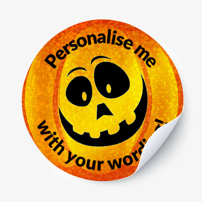Circular sticker with sparkly pumpkin design and personalised text.