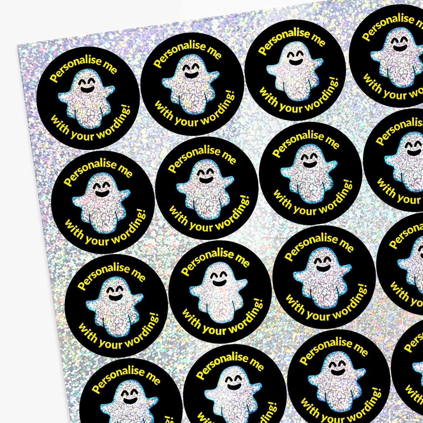 Sheet of circular stickers with sparkly spooky ghost design and personalised text.