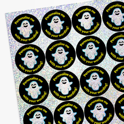 Sheet of circular stickers with sparkly spooky ghost design and personalised text.