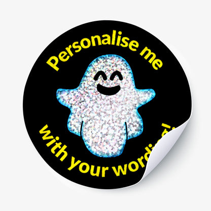 Circular sticker with sparkly spooky ghost design and personalised text on white background.