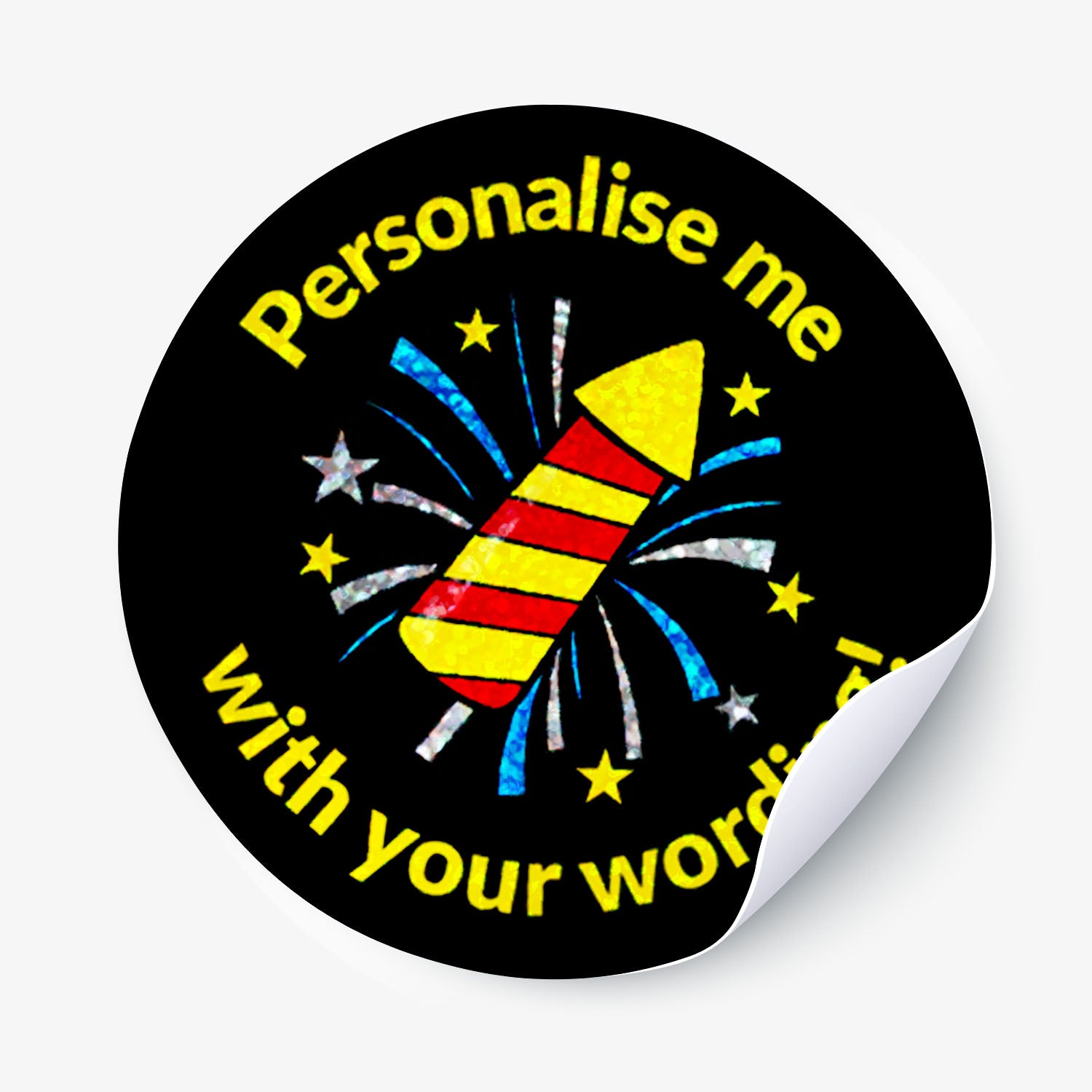 Circular sticker with sparkly firework design and personalised text.