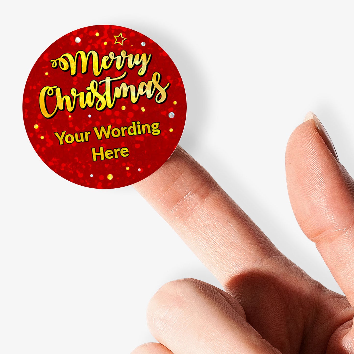 Circular sticker with sparkly merry christmas design and personalised text.
