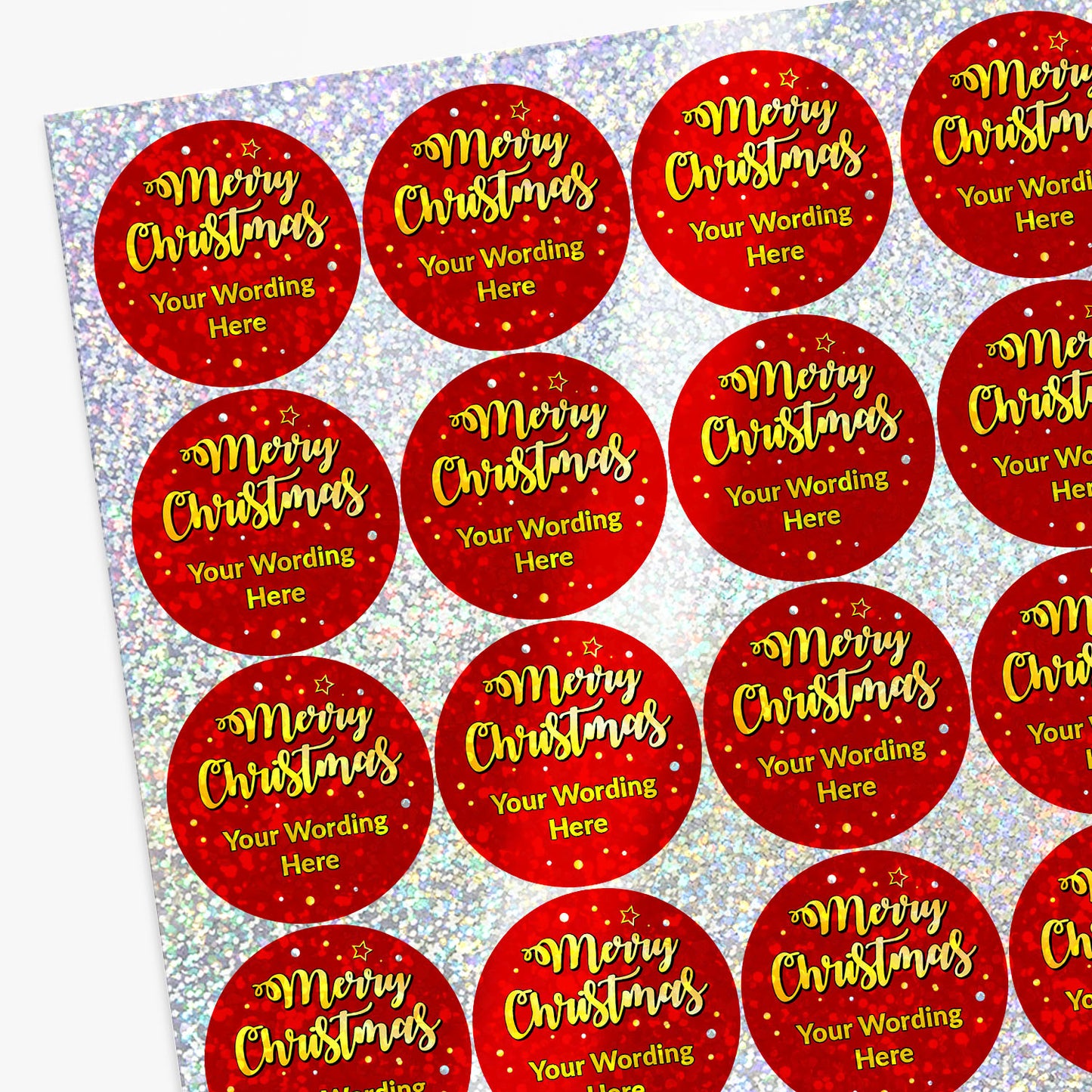 Sheet of circular stickers with sparkly merry christmas design and personalised text.
