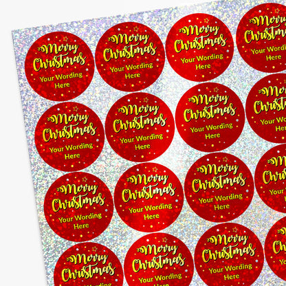 Sheet of circular stickers with sparkly merry christmas design and personalised text.