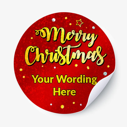 Round red Holographic Merry Christmas sticker with gold text.
