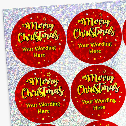 Four red stickers with Merry Christmas Text on a glittery background