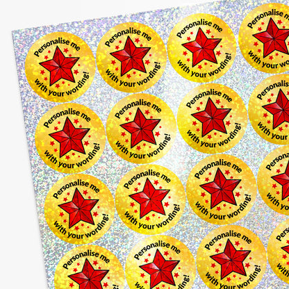 Sheet of circular stickers with Red Star and personalised text.