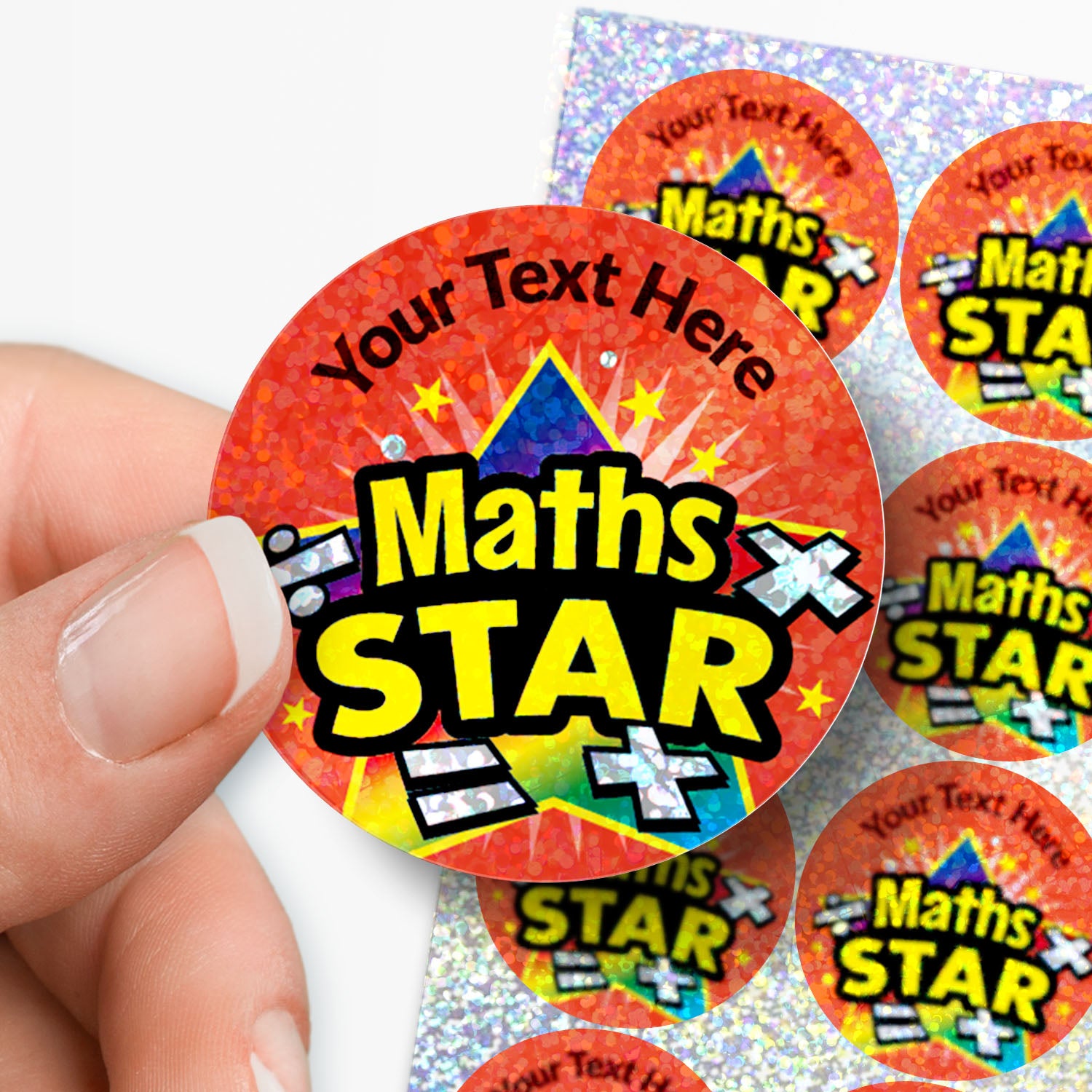 Round 'Maths Star' stickers with customizable text held by a hand.