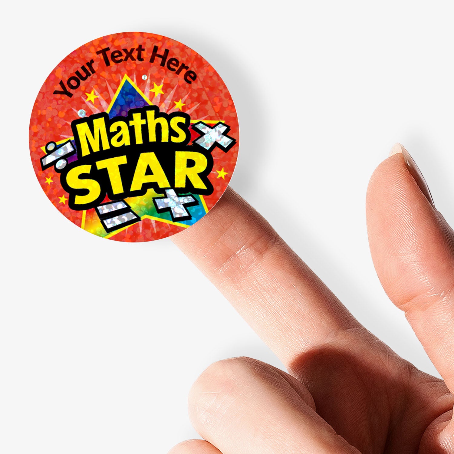 Circular sticker with 'Maths Star' text on a red background