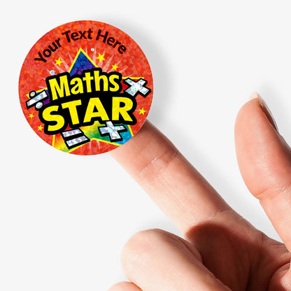 Circular sticker with 'Maths Star' text on a red background