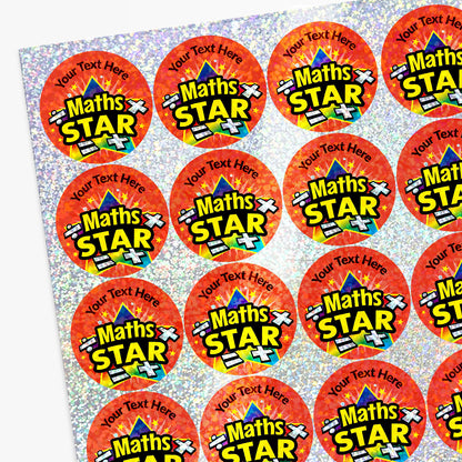 Circular sticker with 'Maths Star' text on a red background.