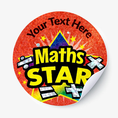 Circular sticker with 'Maths Star' text on a red background.