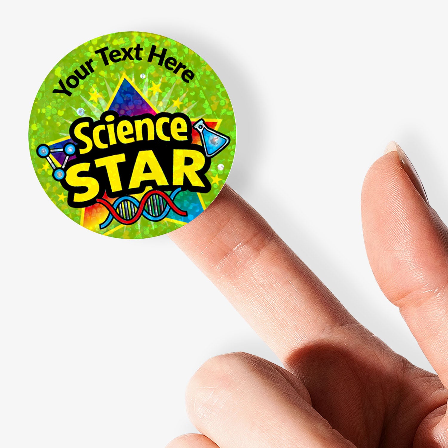 Sparkly colorful 'Science STAR' sticker with customisable text held by hand.