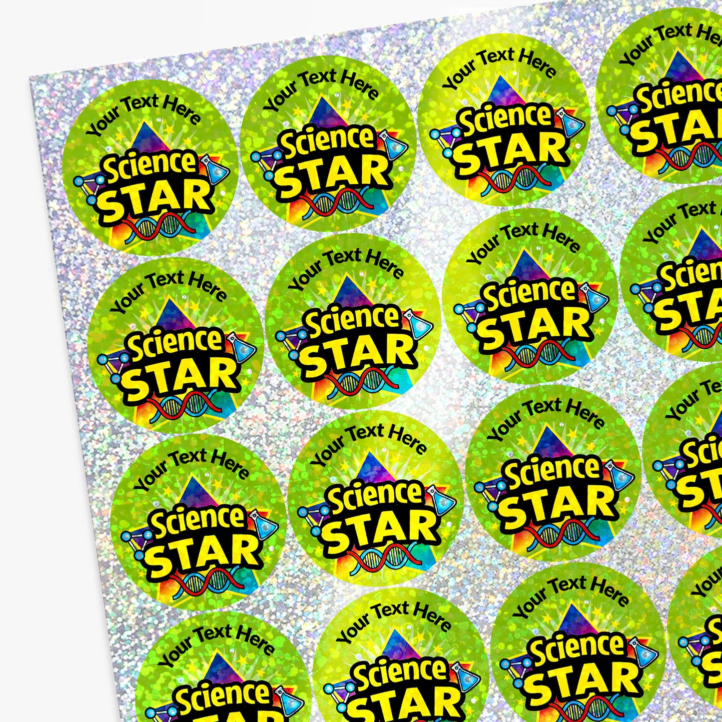 Sheet of sparkly colorful 'Science STAR' stickers with customisable text.