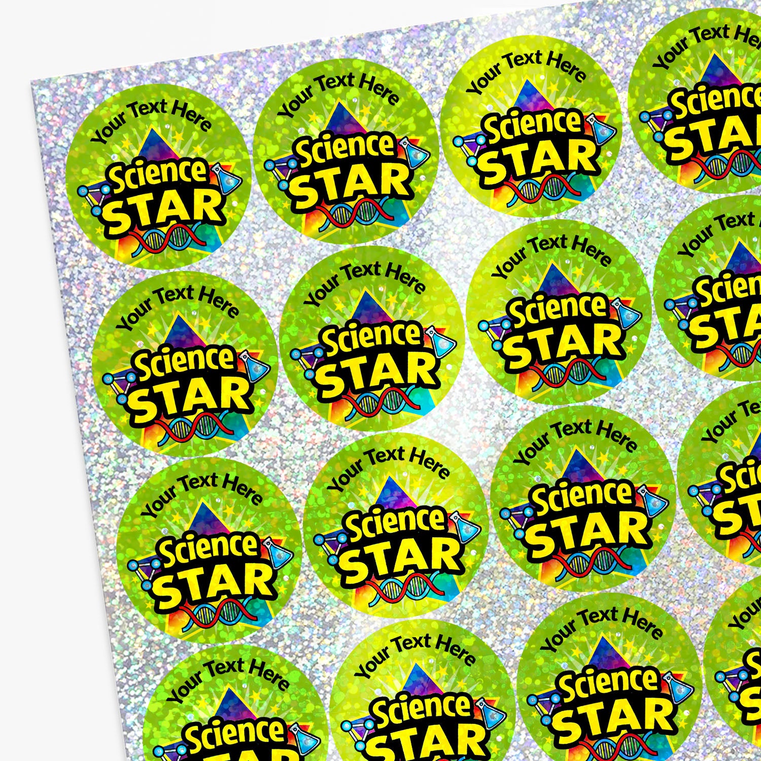 Sheet of sparkly colorful 'Science STAR' stickers with customisable text.