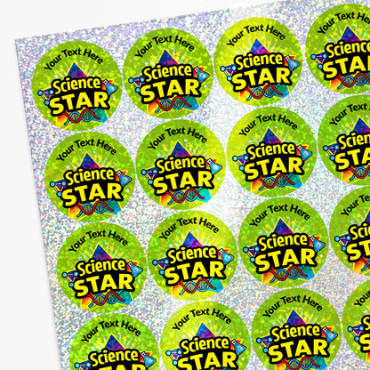 Sheet of sparkly colorful 'Science STAR' stickers with customisable text.