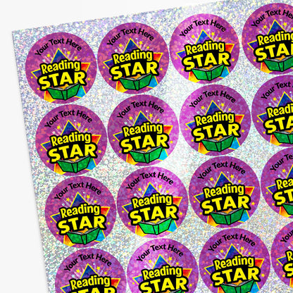 Sheet of 'Reading Star' stickers with customizable text on a purple background