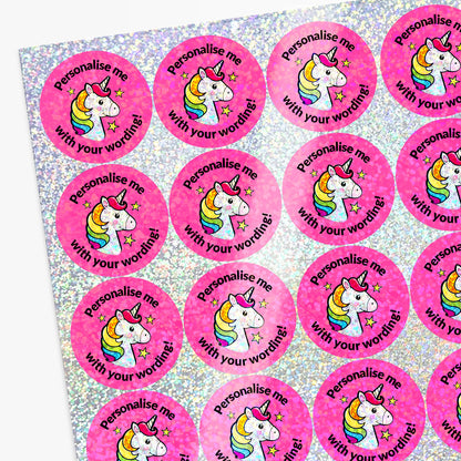 Sheet of sparkly unicorn stickers with 'Personalise me with your wording!' text.